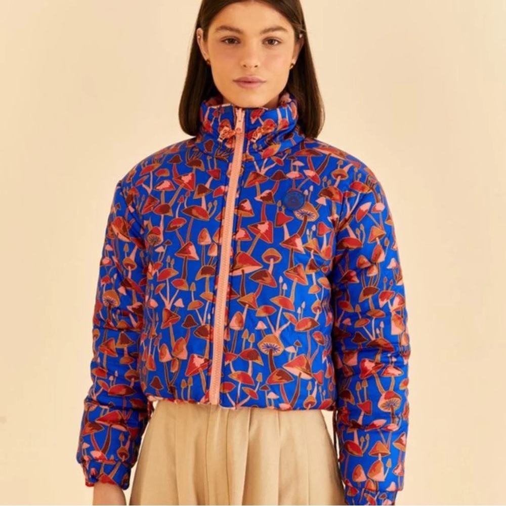 Farm Rio Wild Horses Mushroom Reversible Tricot Puffer Jacket